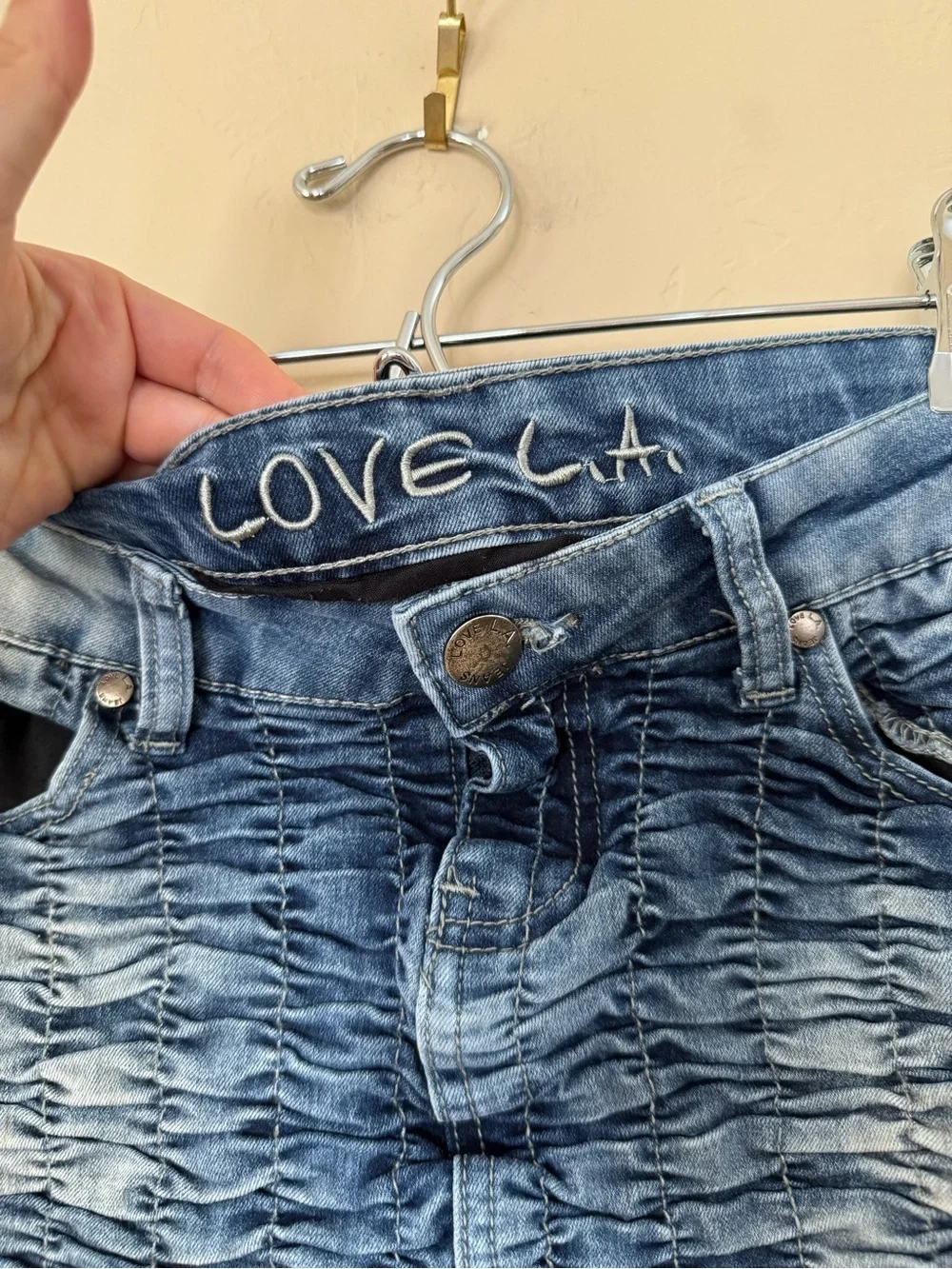 Love LA Ruched Denim Mini Skirt | Size 7 | Y2K Low Rise Micro Mini